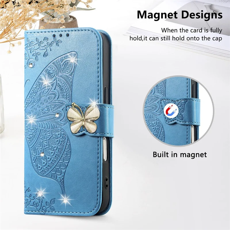 For iPhone 17 Pro Case 3D Rhinestone Decor Butterfly Flower Leather Phone Cover with Wrist Strap - Blue