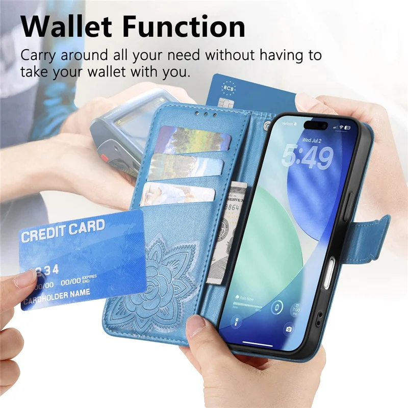 For iPhone 17 Pro Case 3D Rhinestone Decor Butterfly Flower Leather Phone Cover with Wrist Strap - Blue
