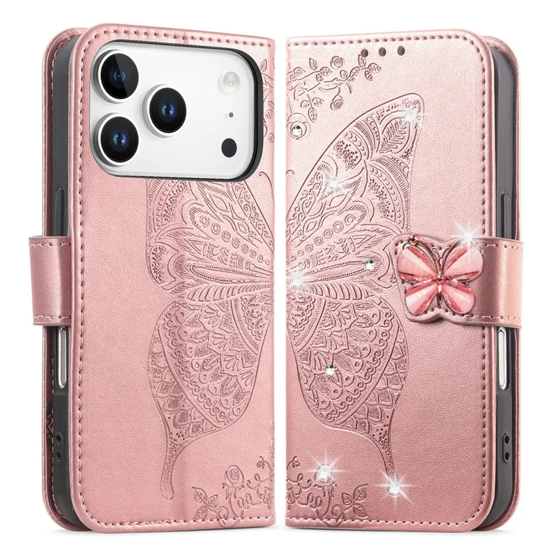 For iPhone 17 Pro Max Case 3D Rhinestone Decor Butterfly Flower Leather Phone Cover with Wrist Strap - Rose Gold