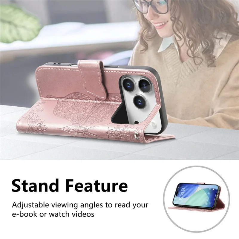 For iPhone 17 Pro Max Case 3D Rhinestone Decor Butterfly Flower Leather Phone Cover with Wrist Strap - Rose Gold