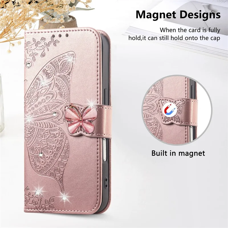 For iPhone 17 Pro Max Case 3D Rhinestone Decor Butterfly Flower Leather Phone Cover with Wrist Strap - Rose Gold