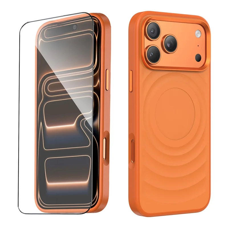 For iPhone 17 Pro Case Compatible with MagSafe Wave Pattern TPU Acrylic Phone Cover with Tempered Glass Film - Orange