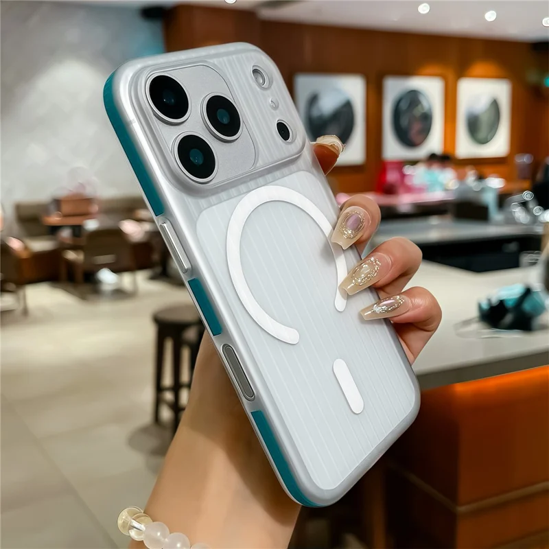 Для iPhone 17 Pro Max Чехол совместимый с MagSafe Гофрированная текстура ПК Чехол для телефона с закаленной стеклянной пленкой - Синий / Белый