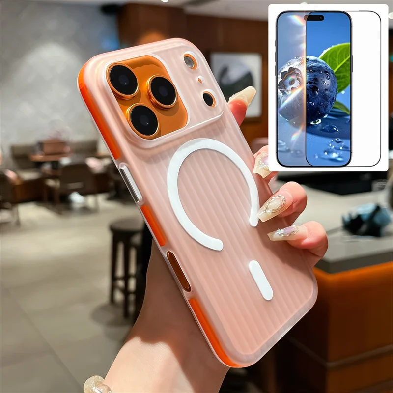 For iPhone 17 Pro Max Case Compatible with MagSafe Corrugated Texture PC Phone Cover with Tempered Glass Film - Orange  /  White
