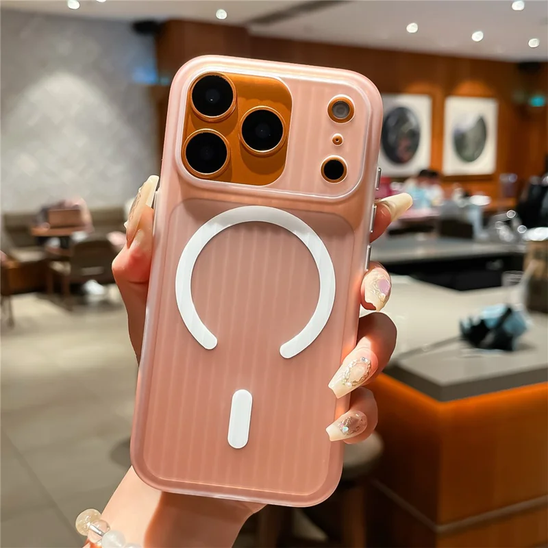 For iPhone 17 Pro Max Case Compatible with MagSafe Corrugated Texture PC Phone Cover with Tempered Glass Film - Orange  /  White