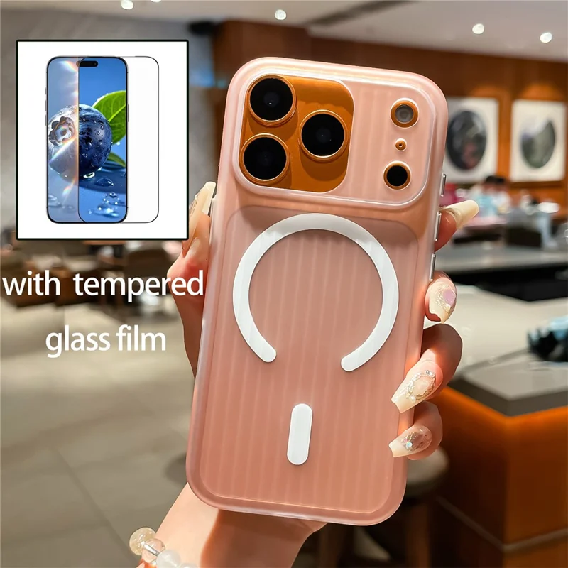 For iPhone 17 Pro Max Case Compatible with MagSafe Corrugated Texture PC Phone Cover with Tempered Glass Film - Orange  /  White