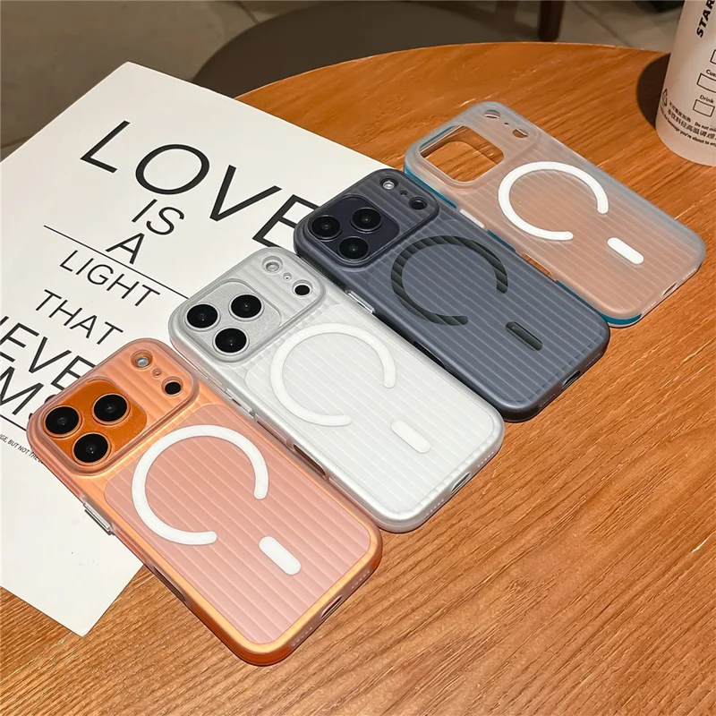 For iPhone 17 Pro Max Case Compatible with MagSafe Corrugated Texture PC Phone Cover with Tempered Glass Film - Orange  /  White
