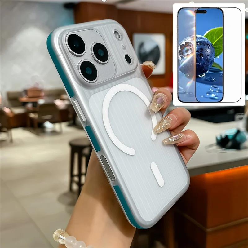 For iPhone 17 Pro Case Compatible with MagSafe Corrugated Texture PC Phone Cover with Tempered Glass Film - Blue  /  White