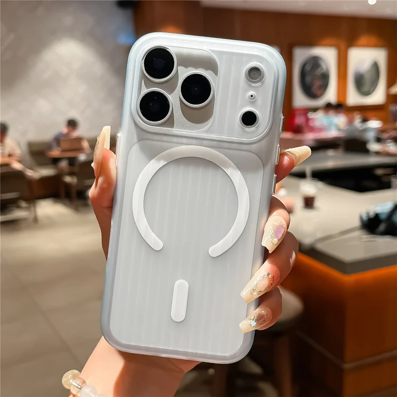 For iPhone 17 Pro Case Compatible with MagSafe Corrugated Texture PC Phone Cover with Tempered Glass Film - Blue  /  White