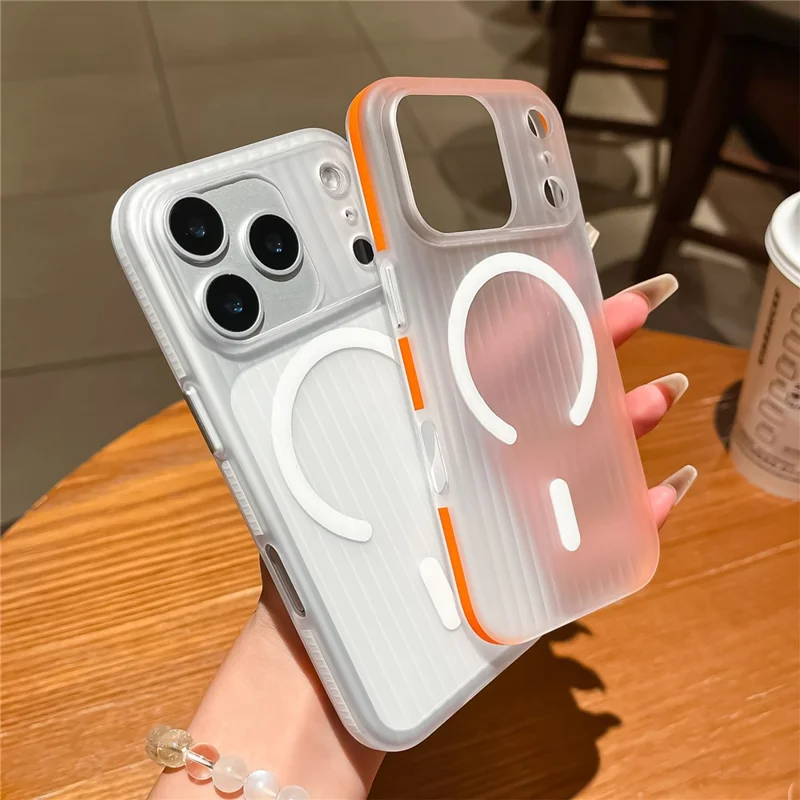 For iPhone 17 Pro Case Compatible with MagSafe Corrugated Texture PC Phone Cover with Tempered Glass Film - Blue  /  White