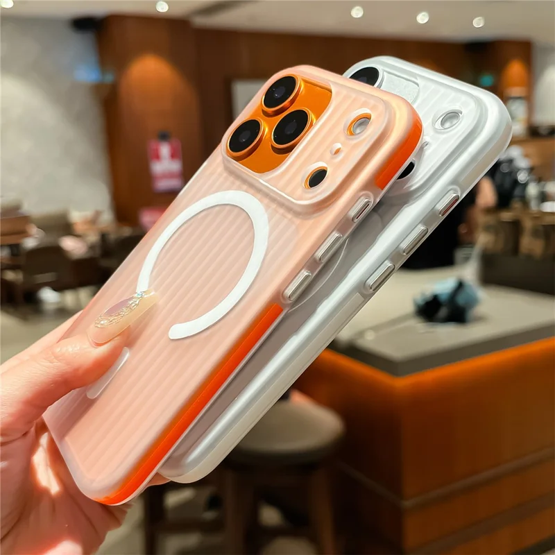 For iPhone 17 Pro Case Compatible with MagSafe Corrugated Texture PC Phone Cover with Tempered Glass Film - Blue  /  White