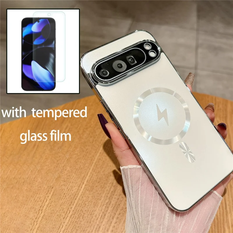 For Google Pixel 9 Pro XL Magnetic Case Electroplated Matte PC TPU Phone Cover with Tempered Glass Film - Blue
