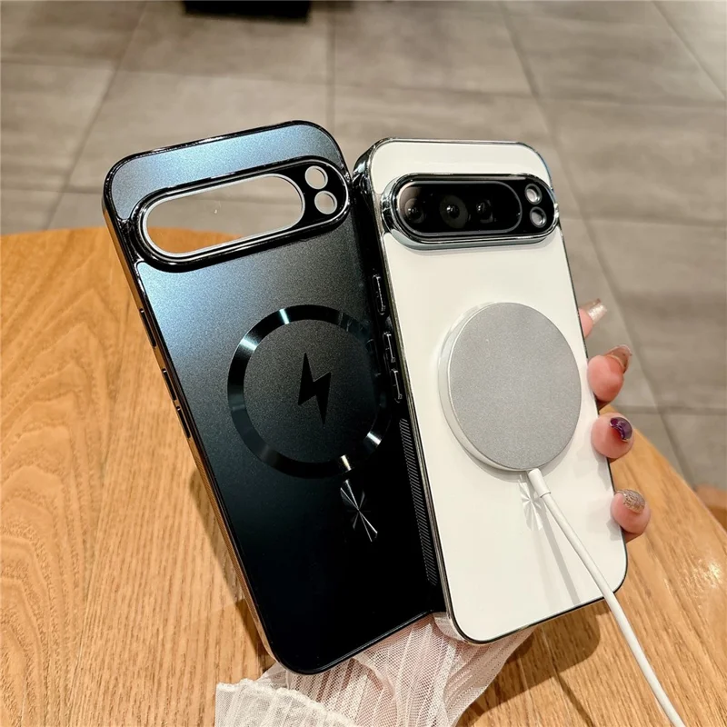 For Google Pixel 9 Pro XL Magnetic Case Electroplated Matte PC TPU Phone Cover with Tempered Glass Film - Blue