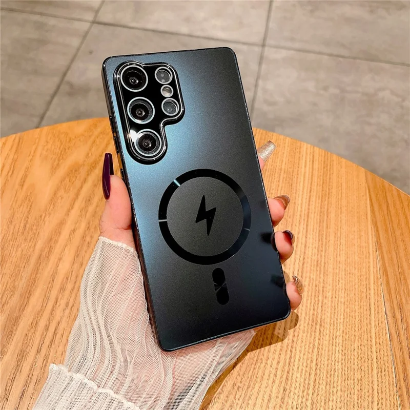 Capa para Samsung Galaxy S25 Ultra Compatível com MagSafe, Capa de Telefone PC TPU Eletroplastada Fosca com Película de Vidro Temperado - Preto