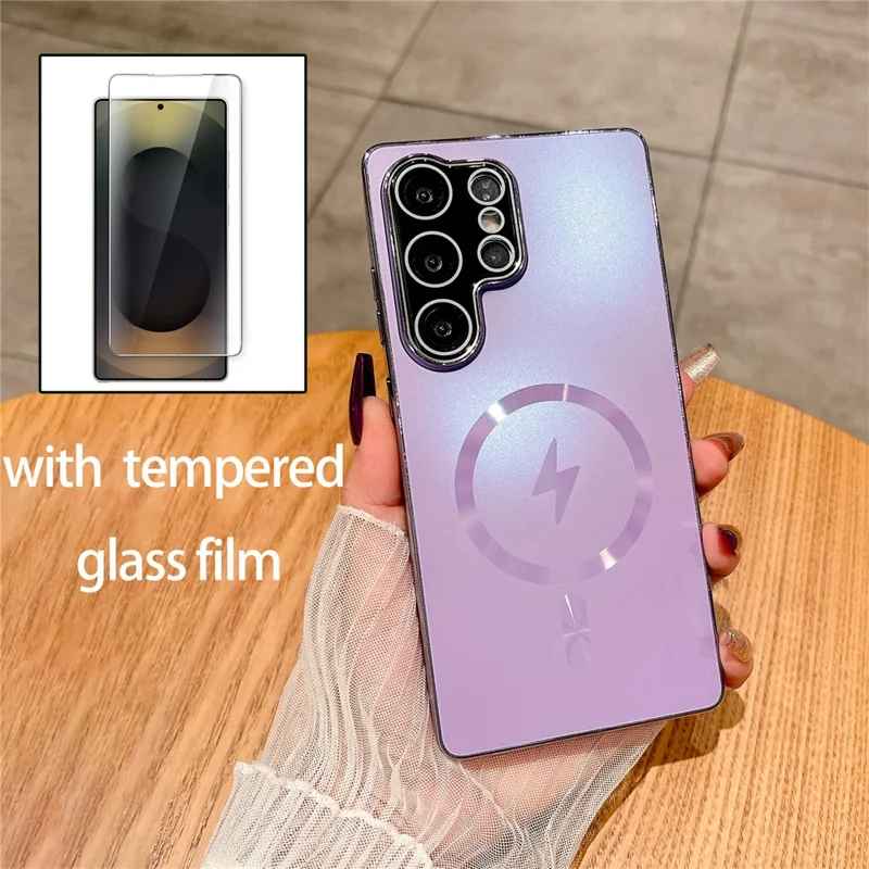 Capa para Samsung Galaxy S25 Ultra Compatível com MagSafe, Capa de Telefone PC TPU Eletroplastada Fosca com Película de Vidro Temperado - Preto