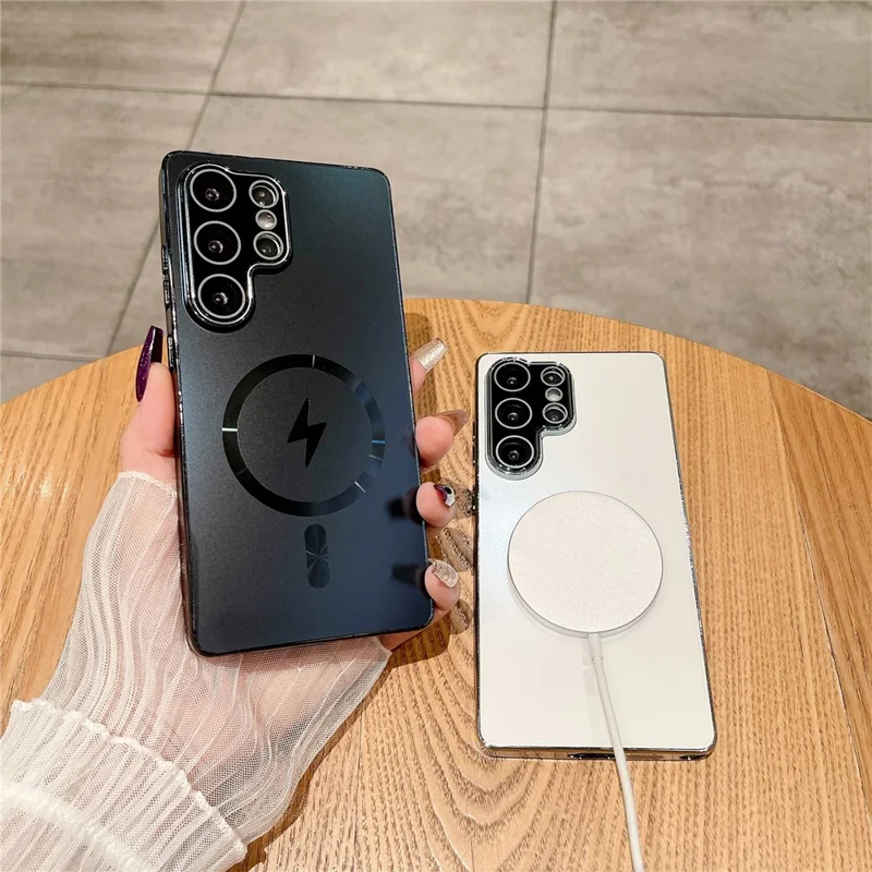 Capa para Samsung Galaxy S25 Ultra Compatível com MagSafe, Capa de Telefone PC TPU Eletroplastada Fosca com Película de Vidro Temperado - Preto