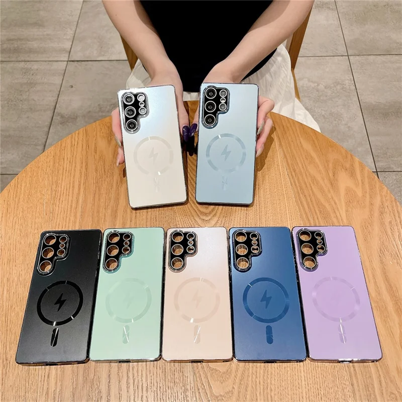 Capa para Samsung Galaxy S25 Ultra Compatível com MagSafe, Capa de Telefone PC TPU Eletroplastada Fosca com Película de Vidro Temperado - Preto