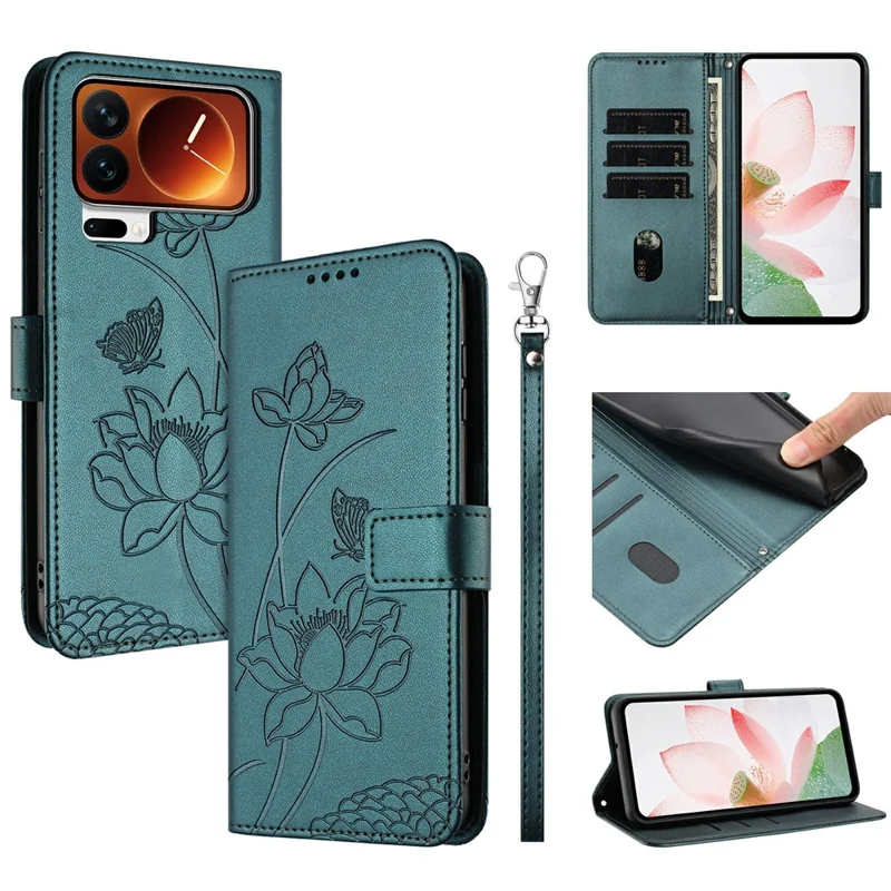 For Xiaomi 17 Pro Max Case Wallet Stand Lotus Imprint Leather Phone Cover with Wrist Strap - Dark Green