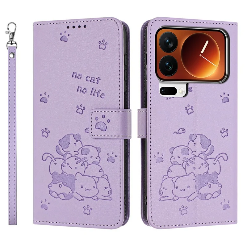 For Xiaomi 17 Pro Wallet Case Cats Imprint Leather Phone Cover with Strap - Purple