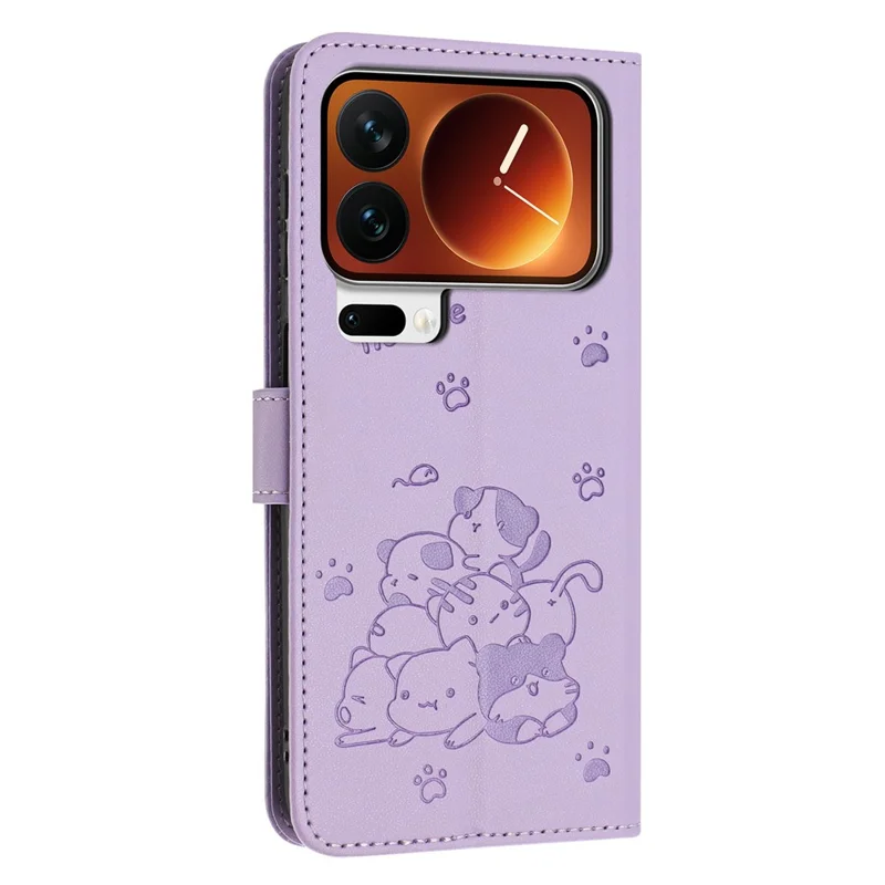 For Xiaomi 17 Pro Wallet Case Cats Imprint Leather Phone Cover with Strap - Purple