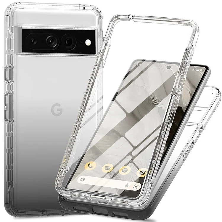 Für Google Pixel 7 Pro 5G Handyhülle 3-in-1 PC + TPU Handy-Schale Farbverlauf stoßfeste Hülle mit PET-Bildschirmschutz - Schwarz