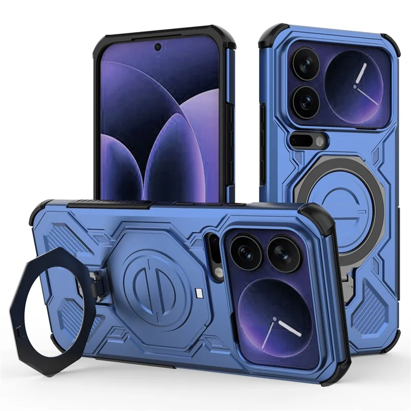 For Xiaomi 17 Pro Max Magnetic Case Rotating Metal Kickstand Shockproof PC + TPU Phone Back Cover - Dark Blue