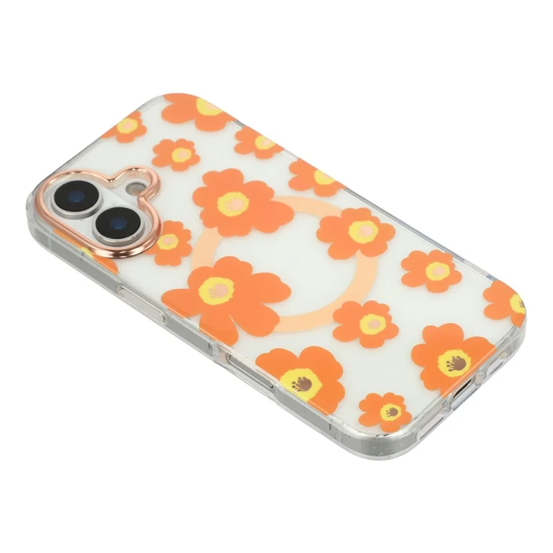 Custodia per iPhone 16 compatibile con MagSafe, motivo floreale in TPU PC, cover posteriore per telefono - Arancione
