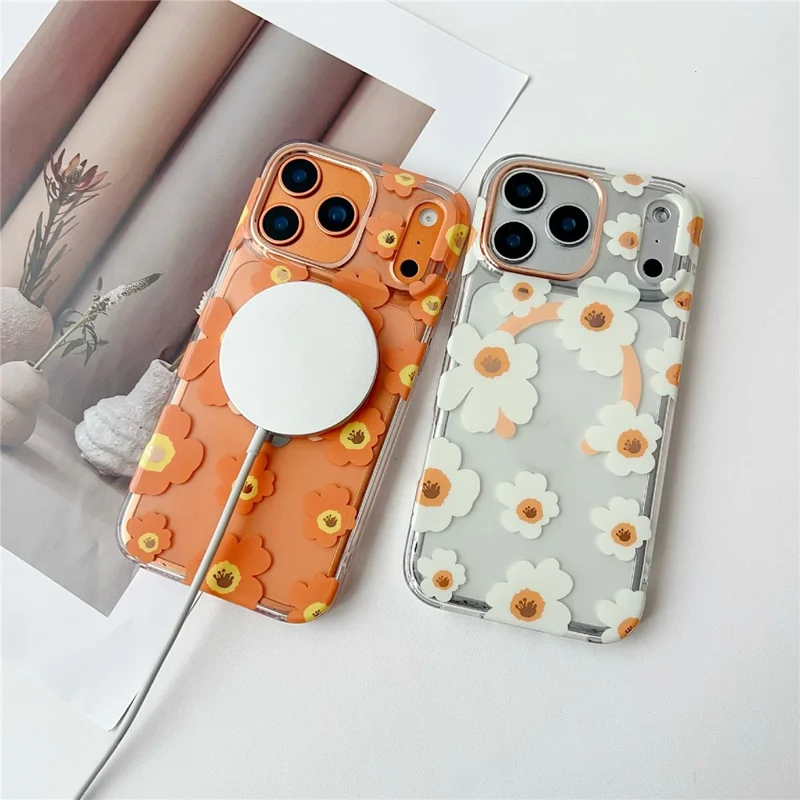 Étui iPhone 17 Pro Max Compatible avec MagSafe Motif Floral TPU PC Coque Arrière - Orange