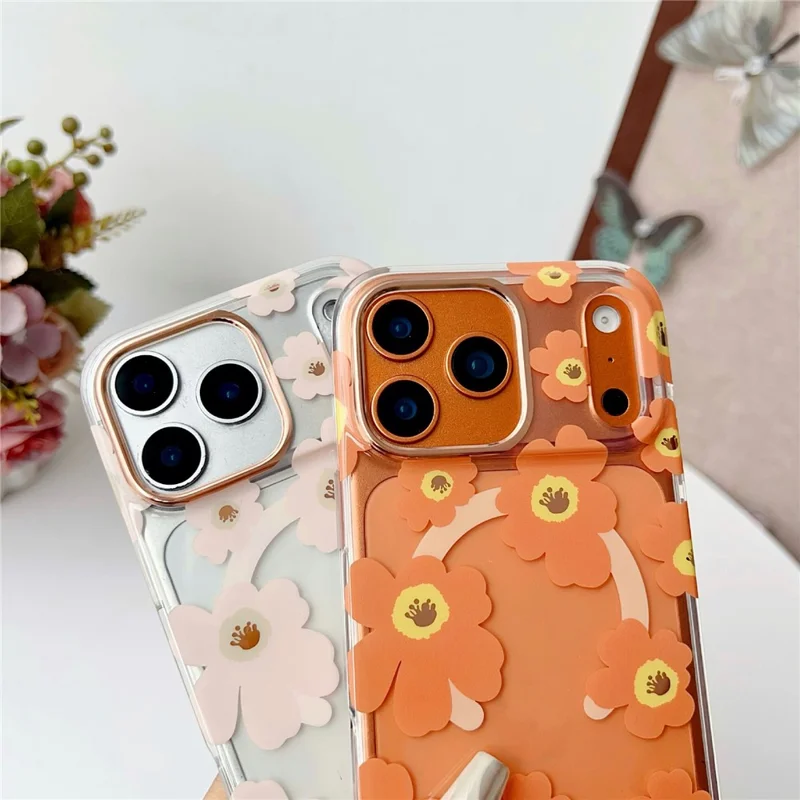 Étui iPhone 17 Pro Max Compatible avec MagSafe Motif Floral TPU PC Coque Arrière - Orange