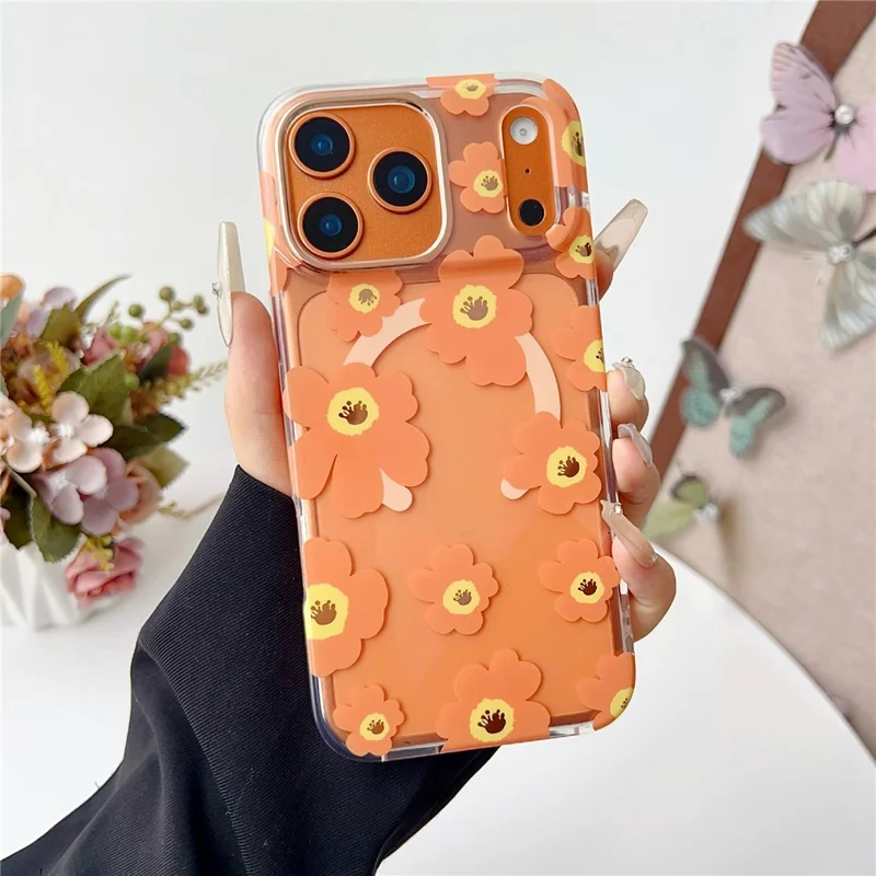 Étui pour iPhone 17 Pro Compatible avec MagSafe Motif floral TPU PC Coque arrière - Orange