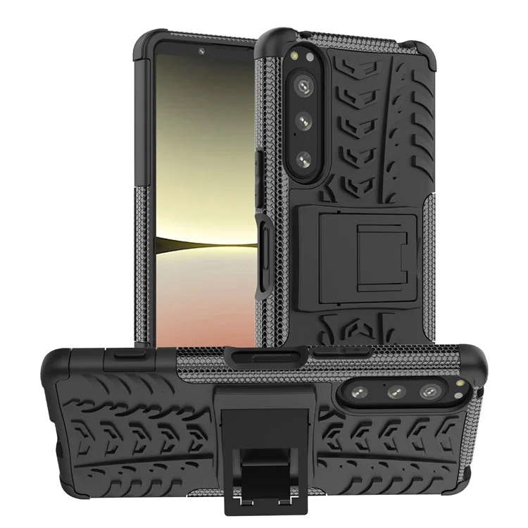 Für Sony Xperia 5 IV 5G Hart PC+TPU Reifen-Stil Cooles robustes Telefongehäuse mit Ständer Anti-Rutsch Stoßfest Abdeckung - Schwarz