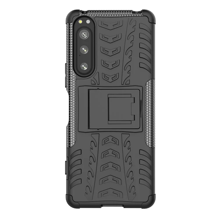 Für Sony Xperia 5 IV 5G Hart PC+TPU Reifen-Stil Cooles robustes Telefongehäuse mit Ständer Anti-Rutsch Stoßfest Abdeckung - Schwarz