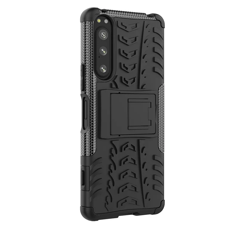 Für Sony Xperia 5 IV 5G Hart PC+TPU Reifen-Stil Cooles robustes Telefongehäuse mit Ständer Anti-Rutsch Stoßfest Abdeckung - Schwarz