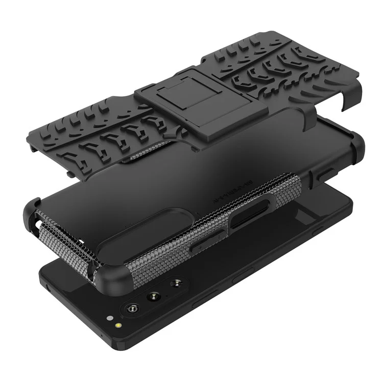 Für Sony Xperia 5 IV 5G Hart PC+TPU Reifen-Stil Cooles robustes Telefongehäuse mit Ständer Anti-Rutsch Stoßfest Abdeckung - Schwarz