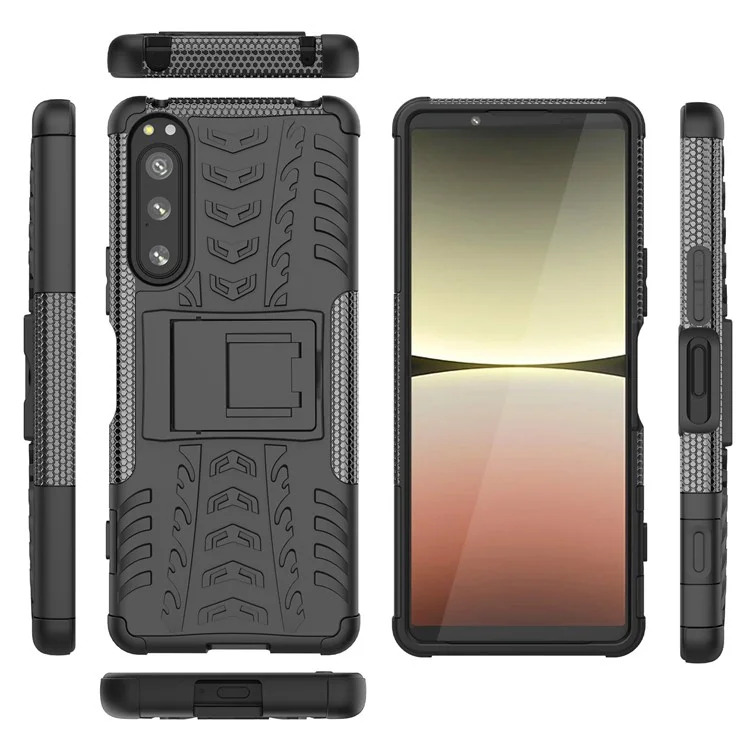 Für Sony Xperia 5 IV 5G Hart PC+TPU Reifen-Stil Cooles robustes Telefongehäuse mit Ständer Anti-Rutsch Stoßfest Abdeckung - Schwarz