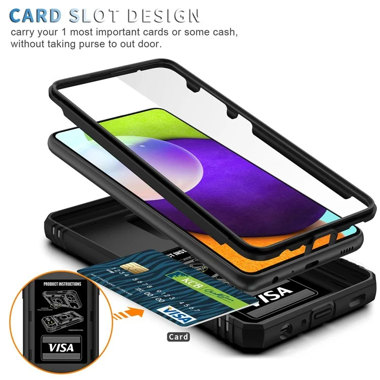 Pour Coque Samsung Galaxy A13 4G Anneau de support Bague Rayure résistant Étui de téléphone portable Porte-cartes avec couvercle de glissière de caméra - Noir
