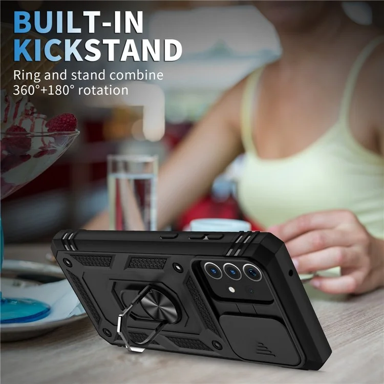 Pour Coque Samsung Galaxy A13 4G Anneau de support Bague Rayure résistant Étui de téléphone portable Porte-cartes avec couvercle de glissière de caméra - Noir