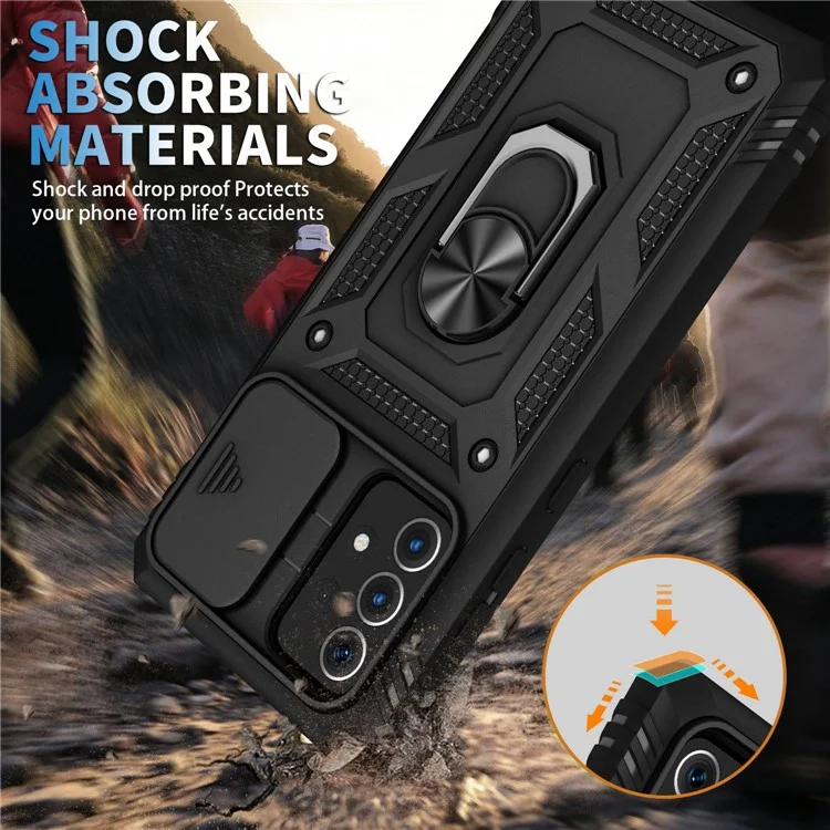 Pour Coque Samsung Galaxy A13 4G Anneau de support Bague Rayure résistant Étui de téléphone portable Porte-cartes avec couvercle de glissière de caméra - Noir