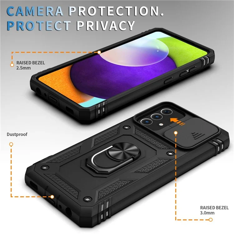 Pour Coque Samsung Galaxy A13 4G Anneau de support Bague Rayure résistant Étui de téléphone portable Porte-cartes avec couvercle de glissière de caméra - Noir