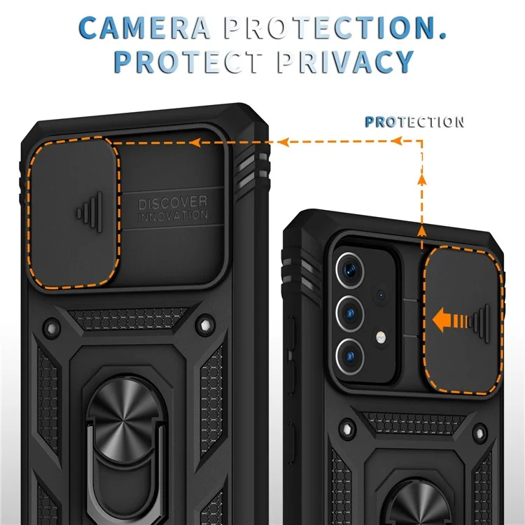 Pour Coque Samsung Galaxy A13 4G Anneau de support Bague Rayure résistant Étui de téléphone portable Porte-cartes avec couvercle de glissière de caméra - Noir