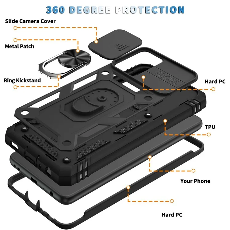 Pour Coque Samsung Galaxy A13 4G Anneau de support Bague Rayure résistant Étui de téléphone portable Porte-cartes avec couvercle de glissière de caméra - Noir