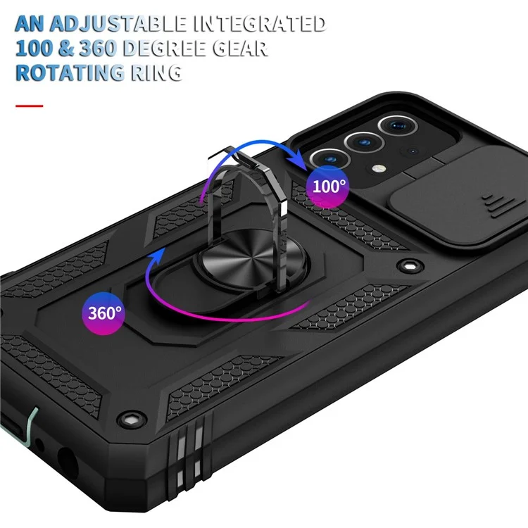 Pour Coque Samsung Galaxy A13 4G Anneau de support Bague Rayure résistant Étui de téléphone portable Porte-cartes avec couvercle de glissière de caméra - Noir