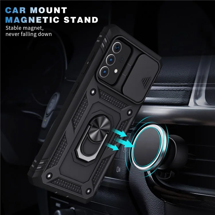 Pour Coque Samsung Galaxy A13 4G Anneau de support Bague Rayure résistant Étui de téléphone portable Porte-cartes avec couvercle de glissière de caméra - Noir