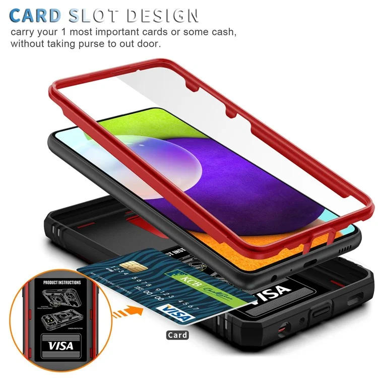 Funda para teléfono Samsung Galaxy A13 4G con soporte anular y tapa de la cámara deslizante, resistente a arañazos - Rojo / Negro