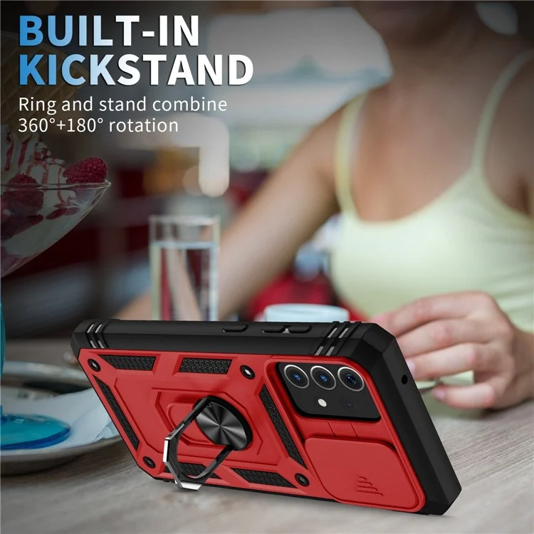 Funda para teléfono Samsung Galaxy A13 4G con soporte anular y tapa de la cámara deslizante, resistente a arañazos - Rojo / Negro