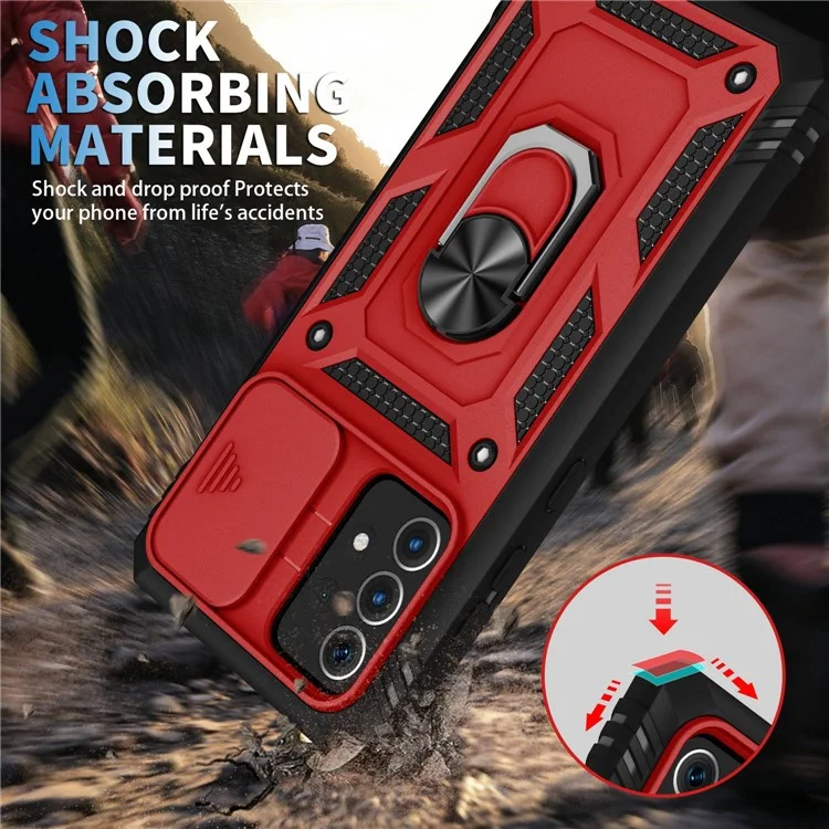 Funda para teléfono Samsung Galaxy A13 4G con soporte anular y tapa de la cámara deslizante, resistente a arañazos - Rojo / Negro