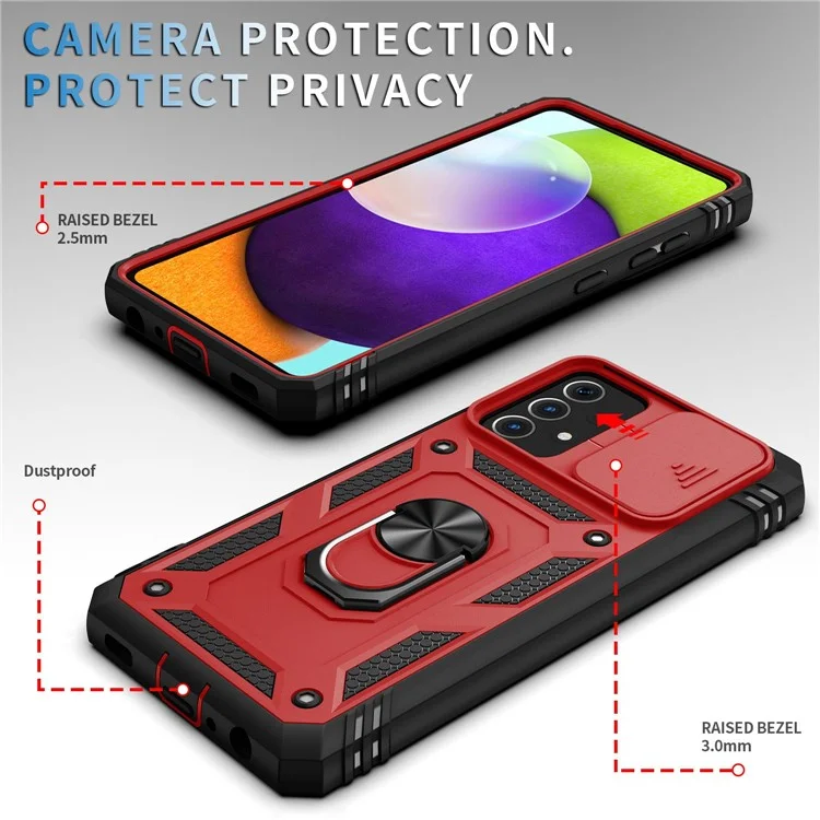 Funda para teléfono Samsung Galaxy A13 4G con soporte anular y tapa de la cámara deslizante, resistente a arañazos - Rojo / Negro