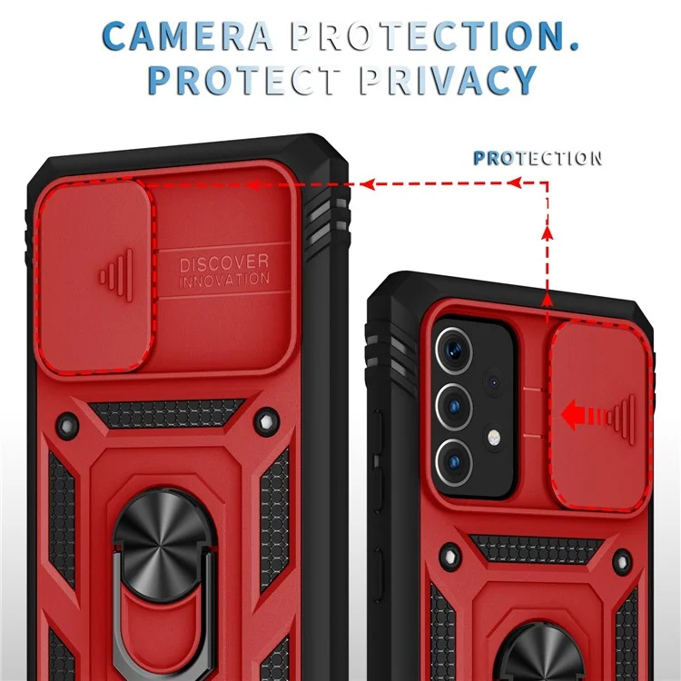 Funda para teléfono Samsung Galaxy A13 4G con soporte anular y tapa de la cámara deslizante, resistente a arañazos - Rojo / Negro