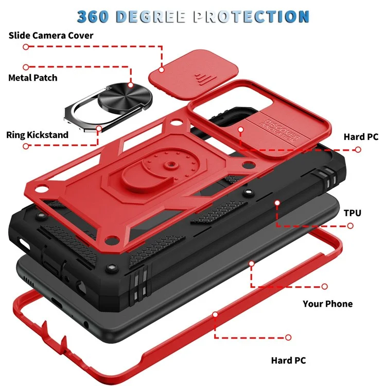 Funda para teléfono Samsung Galaxy A13 4G con soporte anular y tapa de la cámara deslizante, resistente a arañazos - Rojo / Negro