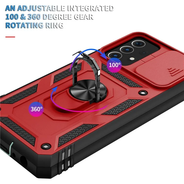 Funda para teléfono Samsung Galaxy A13 4G con soporte anular y tapa de la cámara deslizante, resistente a arañazos - Rojo / Negro